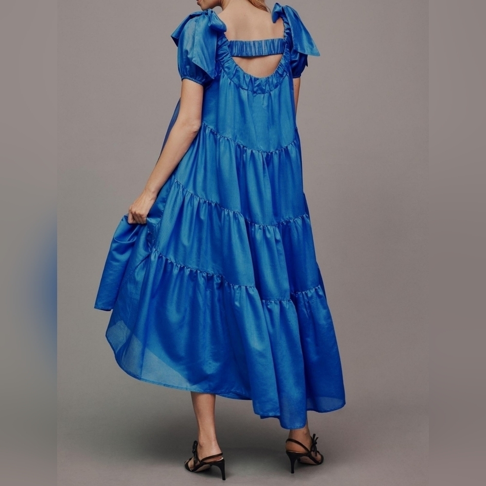 By Anthropologie Women's Off-The-Shoulder Tiered High-Low Midi Dress, Blue, XS - Picture 3 of 16